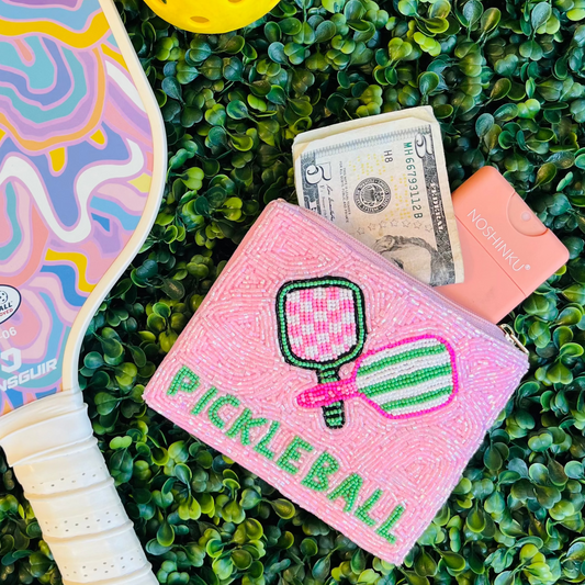 pickleball pouch, beaded pickleball pouch, seed bead pouch, paddle artwork pouch, sporty chic pouch, zipper pouch, purse accessory pouch, backpack accessory pouch, keychain pouch, ring loop pouch, small essentials pouch, gift for pickleball fans, novelty pickleball pouch, fun accessory pouch, satin back pouch, statement pouch, court accessory pouch, brunch accessory pouch, trendy pickleball gift, conversation starter pouch