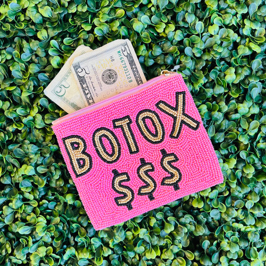 Botox pouch, beaded pouch, seed bead pouch, chic accessory pouch, satin back pouch, zipper pouch, cash and card pouch, keychain pouch, ring loop pouch, purse accessory, backpack accessory, fun gift pouch, conversation starter pouch, small gift for friends, trendy beaded pouch, sassy accessory pouch, novelty pouch, stylish pouch, gift for her, statement pouch
