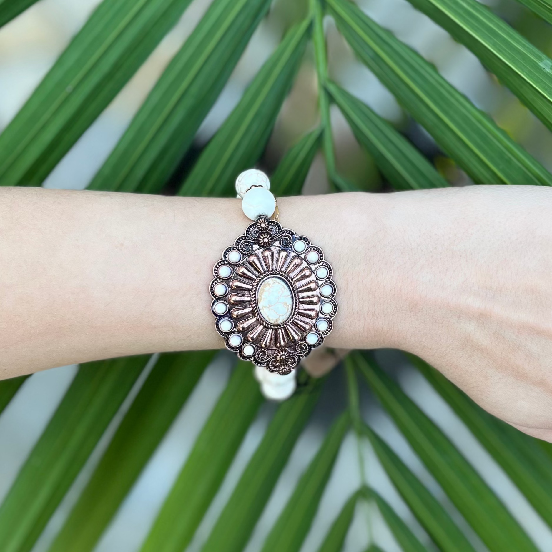 marble stone bracelet, western bracelet, country style bracelet, rose gold bracelet, stackable bracelet, statement bracelet, stretchy elastic bracelet, rodeo accessory, country concert jewelry, denim outfit bracelet, boho western bracelet, western pendant bracelet, timeless accessory bracelet, casual chic bracelet, stackable bangles, matching earrings bracelet, western trend jewelry, everyday western bracelet, 2 inch pendant bracelet, unique stone bracelet