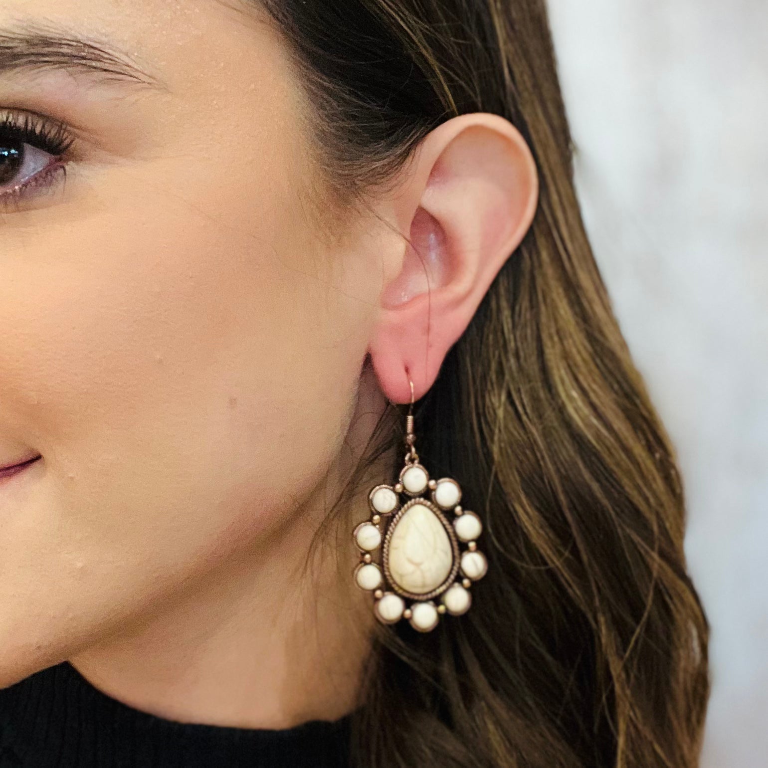 marble stone earrings, western earrings, country style earrings, rose gold earrings, statement drop earrings, french wire earrings, lightweight earrings, boho western earrings, rodeo earrings, country concert earrings, denim outfit earrings, brunch earrings, nights out earrings, versatile western earrings, marble pendant earrings, western trend jewelry, country star earrings, flowy dress accessory, matching bracelet earrings, unique stone earrings