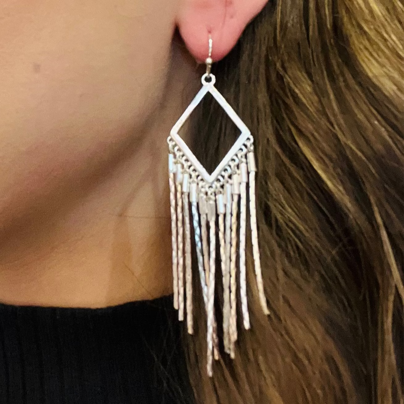 rhinestone fringe earrings, tassel drop earrings, lightweight statement earrings, sparkly earrings, gold fringe earrings, silver fringe earrings, rhinestone tassel earrings, evening jewelry, night out accessories, glam drop earrings, dressy earrings, special occasion jewelry, french wire dangle earrings, shimmer earrings, party earrings, trendy fringe earrings, elegant rhinestone jewelry, gold and silver earrings, statement drop earrings, sparkly tassel earrings