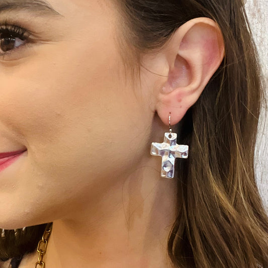 hammered cross earrings, faith inspired jewelry, gold cross earrings, silver cross earrings, textured cross design, lightweight drop earrings, french wire dangle, religious jewelry gift, symbolic cross pendant, modern faith accessory, timeless cross earrings, non hypoallergenic earrings, not water resistant jewelry, gold silver metal hardware, everyday faith earrings, minimalist religious earrings, dainty cross drops, spiritual jewelry, classic cross statement, elegant faith inspired style