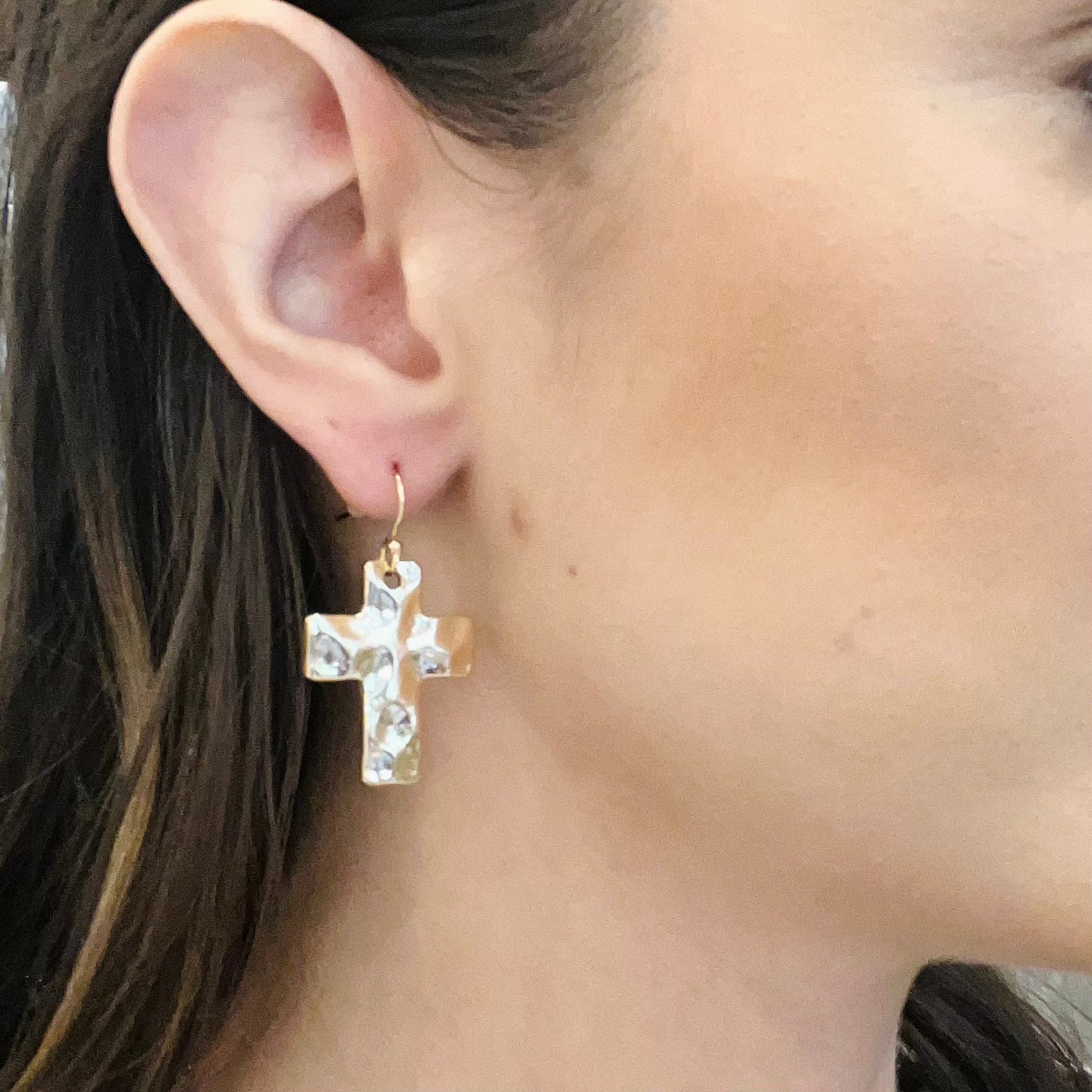 hammered cross earrings, faith inspired jewelry, gold cross earrings, silver cross earrings, textured cross design, lightweight drop earrings, french wire dangle, religious jewelry gift, symbolic cross pendant, modern faith accessory, timeless cross earrings, non hypoallergenic earrings, not water resistant jewelry, gold silver metal hardware, everyday faith earrings, minimalist religious earrings, dainty cross drops, spiritual jewelry, classic cross statement, elegant faith inspired style