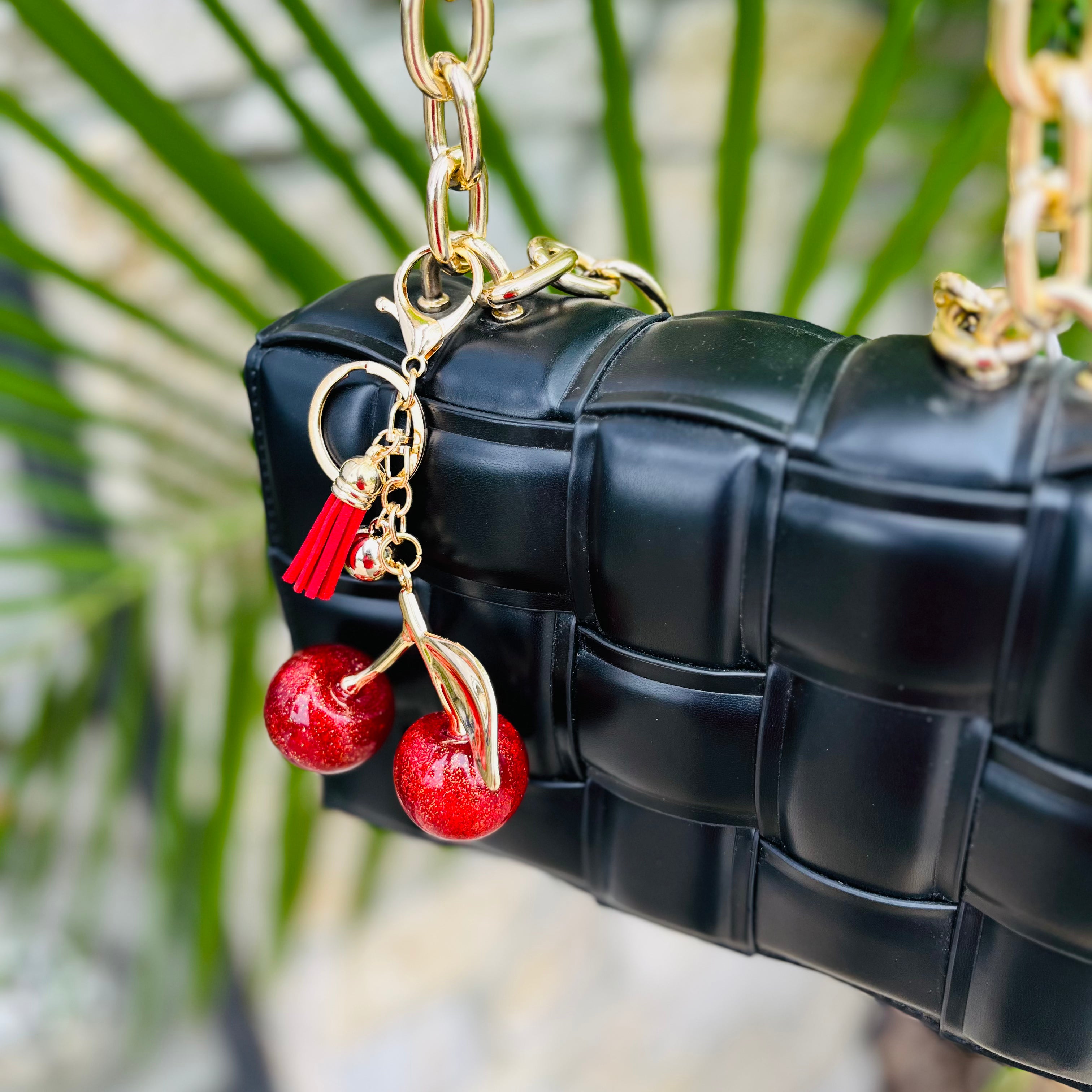 cherry bag charm, red cherry keychain, purse charm, handbag accessory, gold hardware charm, fruit bag charm, cute bag accessory, trendy purse charm, cherry key ring, attachable bag charm, playful bag accessory, girly bag charm, fun purse accessory, red rhinestone charm, fashion bag charm, cherry pendant charm, backpack charm, keychain accessory, statement bag charm, gift for her