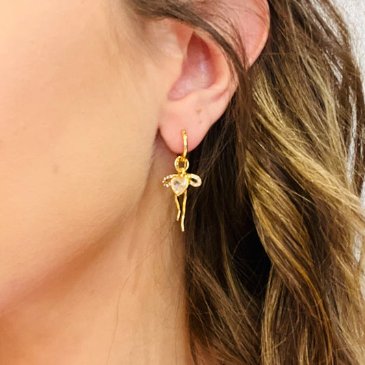 mini hoop earrings, dainty hoop earrings, rhinestone bow earrings, heart pendant earrings, gold hoops, 14k gold dipped earrings, lightweight earrings, everyday earrings, cute gold hoops, girly earrings, starter earrings, small hoop earrings, sparkly earrings, bow heart earrings, dainty jewelry, gift for her, trendy hoops, chic gold earrings, feminine jewelry, timeless earrings