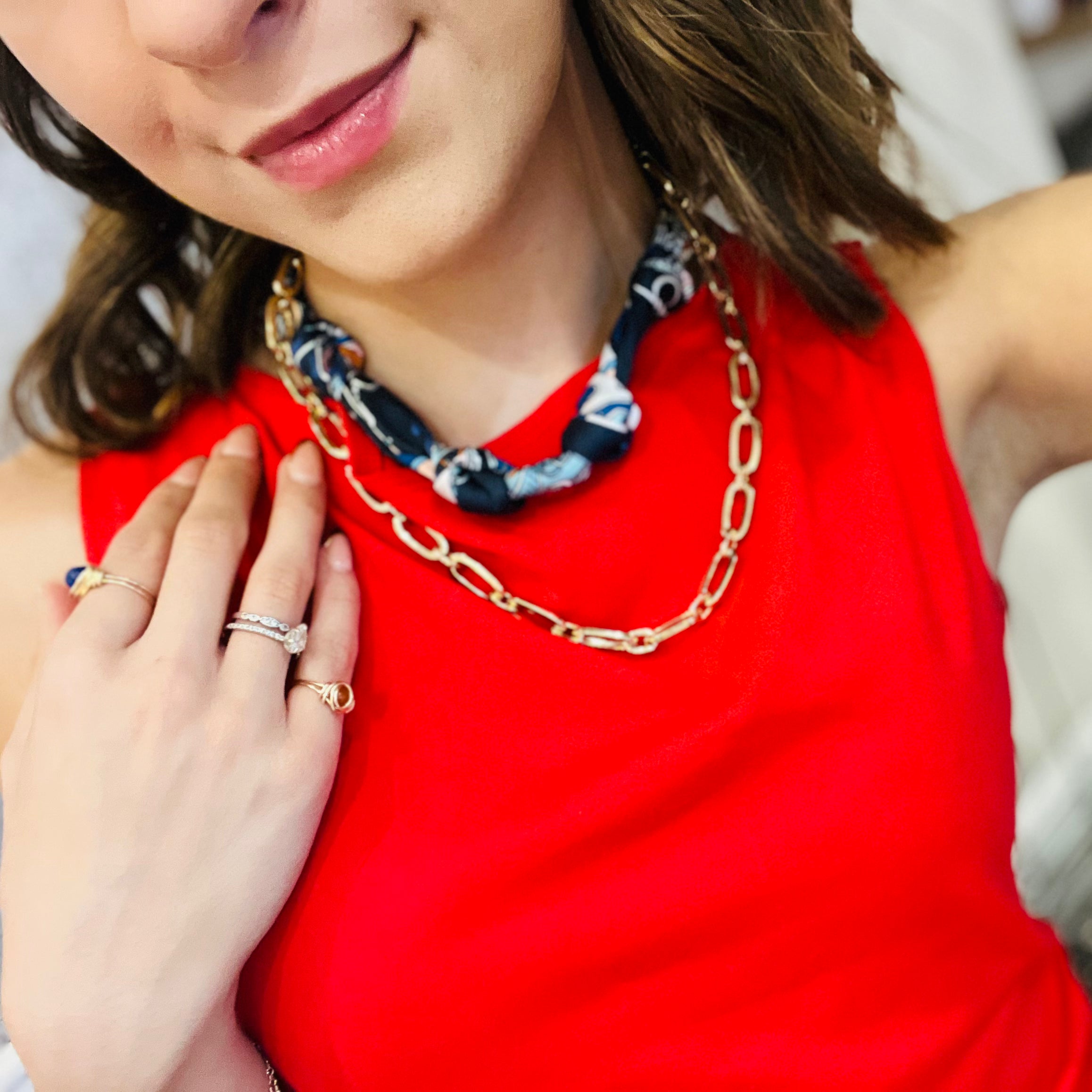 scarf necklace, multicolor scarf necklace, black blue white scarf necklace, knotted scarf necklace, trendy necklace, multiway necklace, water resistant necklace, gold stud earrings, statement necklace, fashion jewelry, versatile necklace, fall accessories, chic scarf jewelry, trendy accessory, bold fashion jewelry, scarf choker necklace, layering necklace, modern necklace, stylish gift for her, boho chic necklace