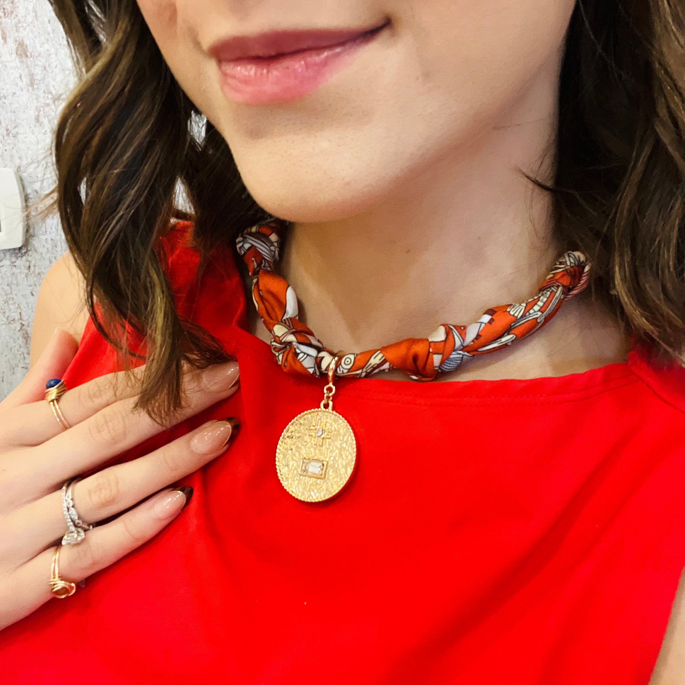 scarf necklace, orange scarf necklace, multicolor scarf necklace, rhinestone pendant necklace, hammered pendant necklace, trendy necklace, statement necklace, gold jewelry set, scarf jewelry, satin scarf necklace, water resistant necklace, fall accessories, fashion jewelry, gold stud earrings, modern chic necklace, women’s trendy jewelry, bold accessories, elegant jewelry set, scarf choker necklace, boho chic necklace