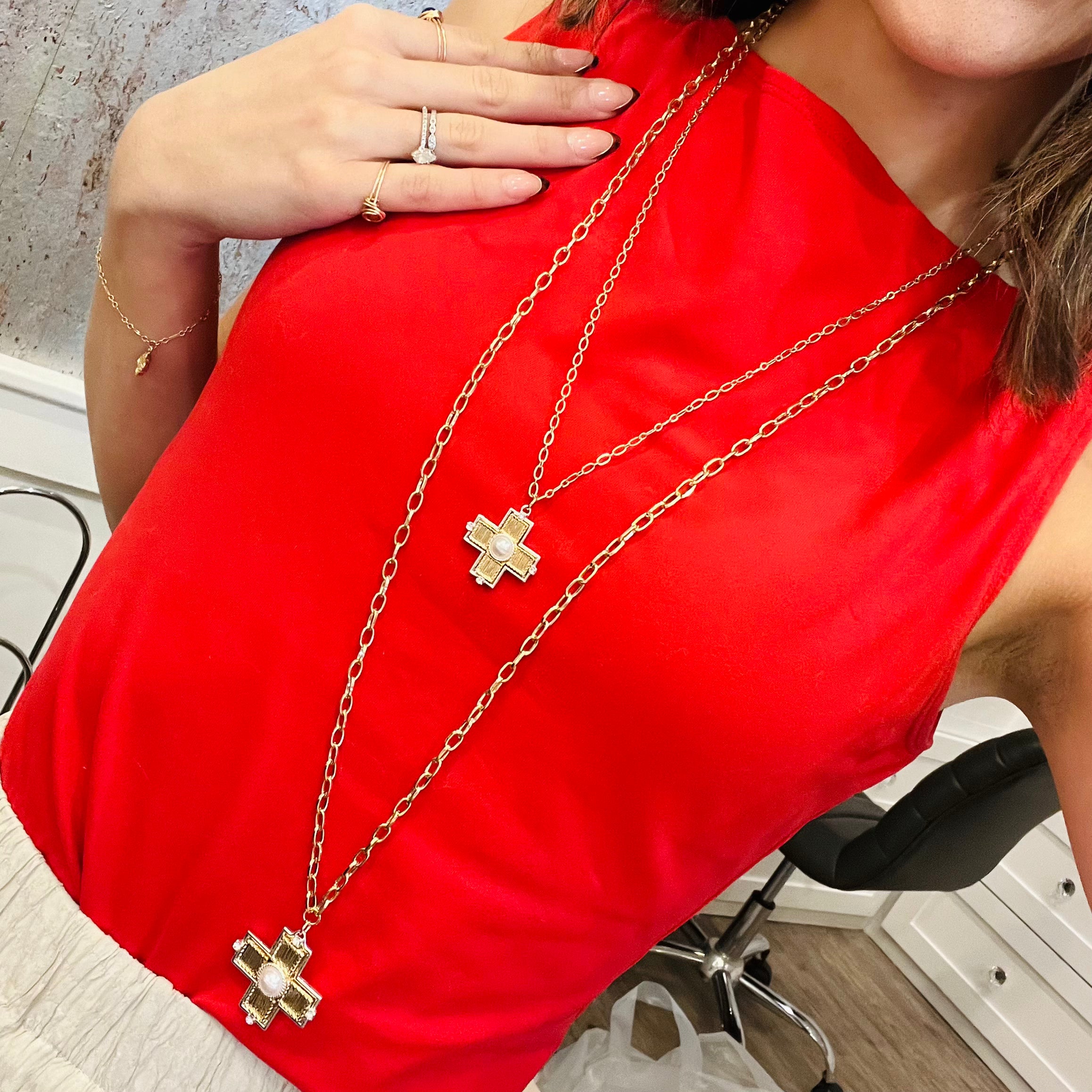 cross necklace, layered cross necklace, dainty faith jewelry, rhinestone and pearl necklace, mixed metal necklace, gold and silver necklace, religious jewelry, christian necklace, faith inspired necklace, elegant cross pendant, spiritual jewelry, everyday cross necklace, double layered necklace, gold stud earrings set, meaningful gift for her, delicate cross necklace, sunday jewelry, church necklace, inspirational jewelry, timeless cross accessory