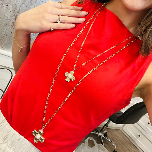 cross necklace, layered cross necklace, dainty faith jewelry, rhinestone and pearl necklace, mixed metal necklace, gold and silver necklace, religious jewelry, christian necklace, faith inspired necklace, elegant cross pendant, spiritual jewelry, everyday cross necklace, double layered necklace, gold stud earrings set, meaningful gift for her, delicate cross necklace, sunday jewelry, church necklace, inspirational jewelry, timeless cross accessory