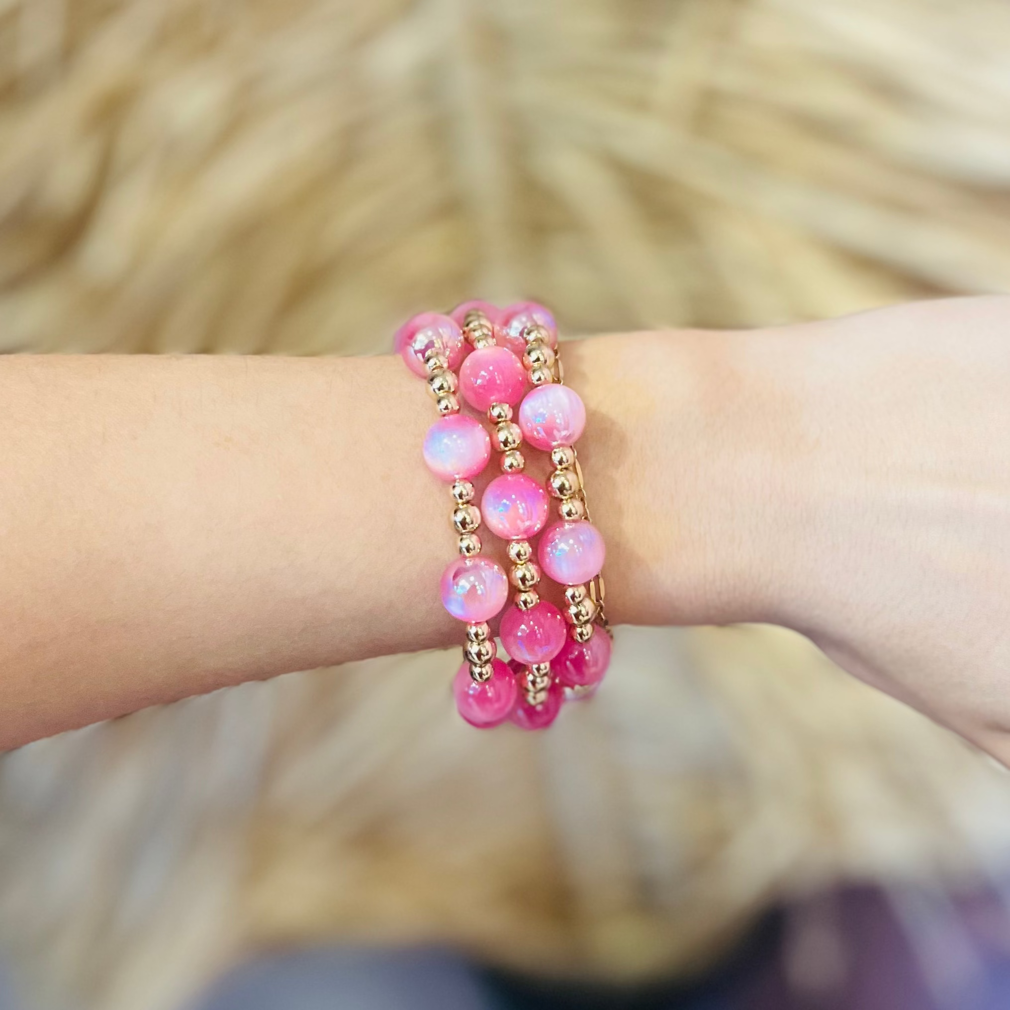 glass bead bracelets, iridescent bracelets, gold bead bracelet set, red bracelet set, pink bracelet set, beaded jewelry, stacking bracelets, mix and match bracelets, lightweight bracelets, boho chic jewelry, everyday bracelet set, glam accessories, bracelet stack, colorful beaded bracelets, gold hardware jewelry, trendy bracelet set, versatile bracelet set, statement bracelets, dainty bead bracelets, gift for her