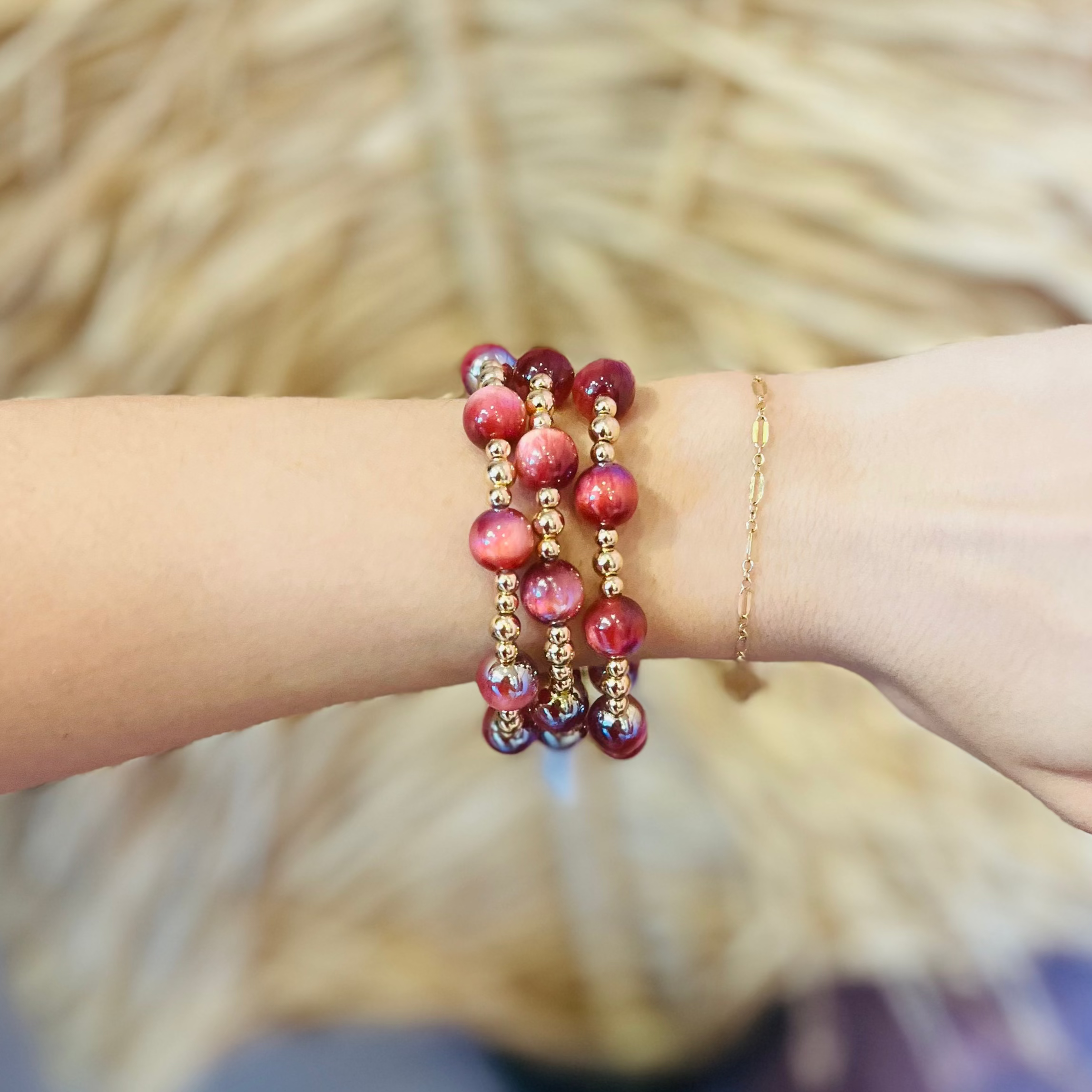 glass bead bracelets, iridescent bracelets, gold bead bracelet set, red bracelet set, pink bracelet set, beaded jewelry, stacking bracelets, mix and match bracelets, lightweight bracelets, boho chic jewelry, everyday bracelet set, glam accessories, bracelet stack, colorful beaded bracelets, gold hardware jewelry, trendy bracelet set, versatile bracelet set, statement bracelets, dainty bead bracelets, gift for her