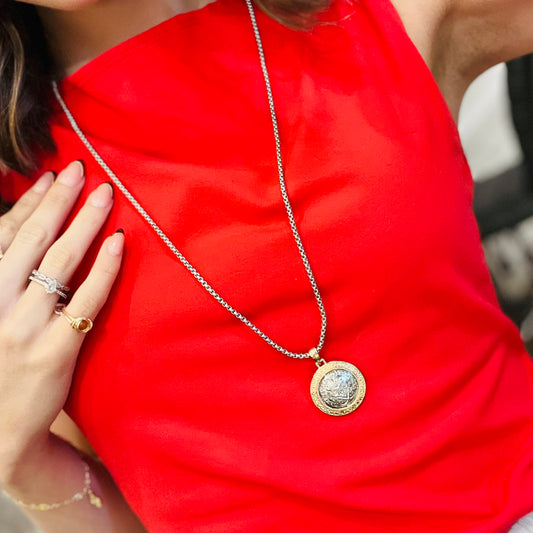 two toned coin necklace, mixed metal necklace, gold and silver pendant necklace, layering coin necklace, long chain necklace, trendy stacked necklace, versatile jewelry piece, boho chic necklace, everyday layering necklace, coin charm necklace, gold silver jewelry, minimalist pendant necklace, long pendant chain, two tone fashion necklace, statement coin necklace, dainty mixed metal necklace, chic everyday accessory, coin medallion necklace, elegant layering chain, modern boho necklace