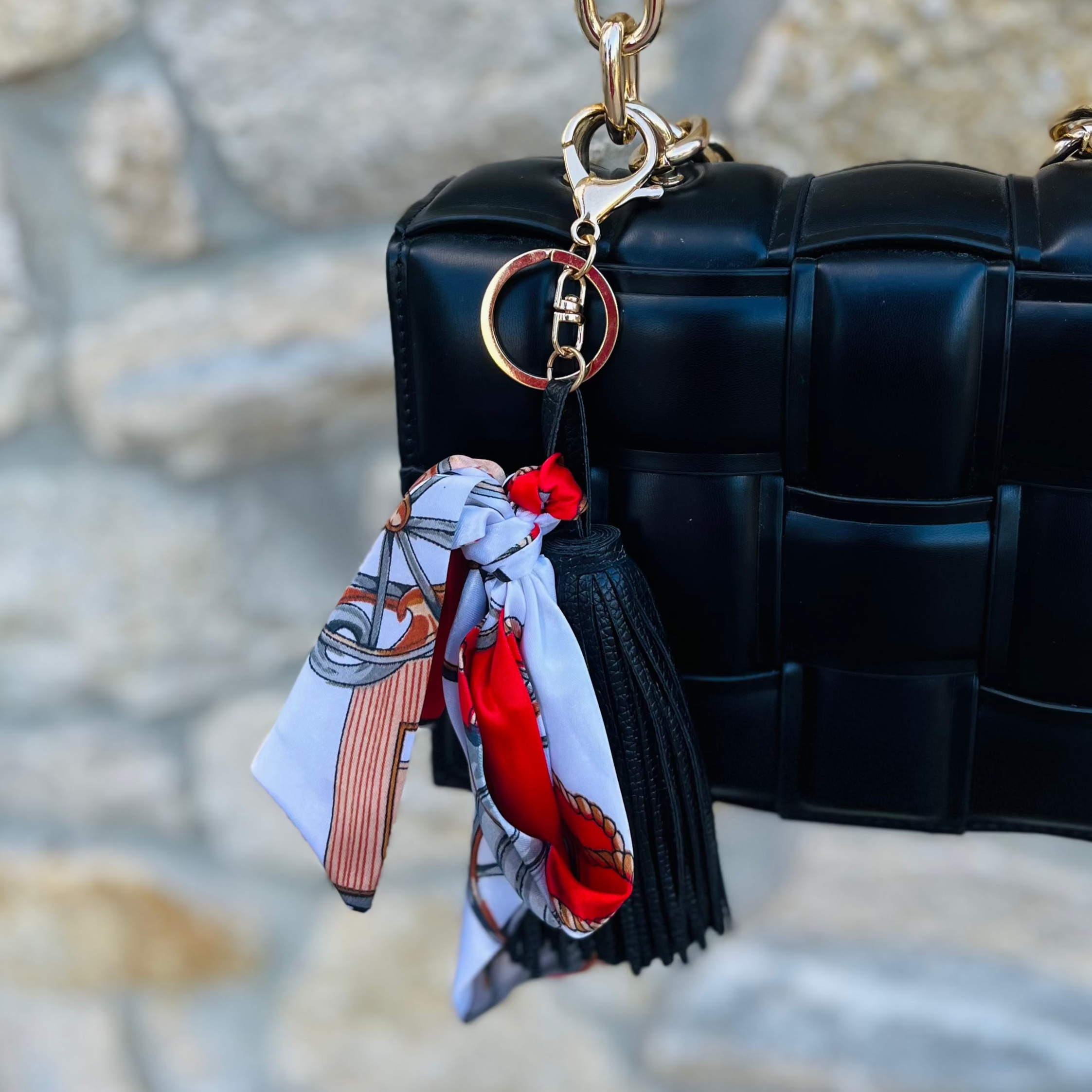 tassel scarf bow charm, purse charm accessory, satin bag charm, multicolor keychain, scarf bow keyring, tassel bag accessory, gold hardware purse charm, attachable bag charm, backpack keychain charm, silky satin bow charm, decorative purse accessory, trendy bag charm, boho chic keychain, multicolor tassel charm, statement purse keychain, fashionable bag accessory, gift idea for her, playful purse charm, colorful keyring accessory, stylish handbag charm