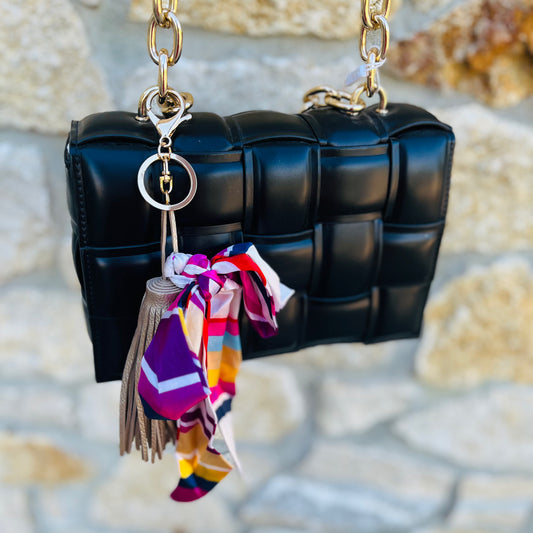 tassel scarf bow charm, purse charm accessory, satin bag charm, multicolor keychain, scarf bow keyring, tassel bag accessory, gold hardware purse charm, attachable bag charm, backpack keychain charm, silky satin bow charm, decorative purse accessory, trendy bag charm, boho chic keychain, multicolor tassel charm, statement purse keychain, fashionable bag accessory, gift idea for her, playful purse charm, colorful keyring accessory, stylish handbag charm