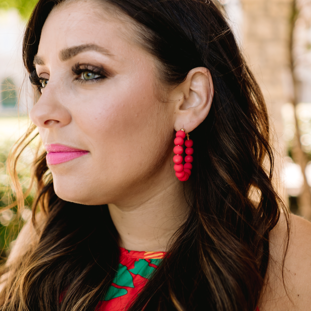 beaded earrings, beaded hoop earrings, fun hoop earrings, unique hoop earrings, clay hoop earrings, clay hoop earrings, red hoop earrings, coral hoop earrings