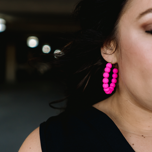 beaded earrings, beaded hoop earrings, fun hoop earrings, unique hoop earrings, clay hoop earrings, clay hoop earrings, pink hoop earrings