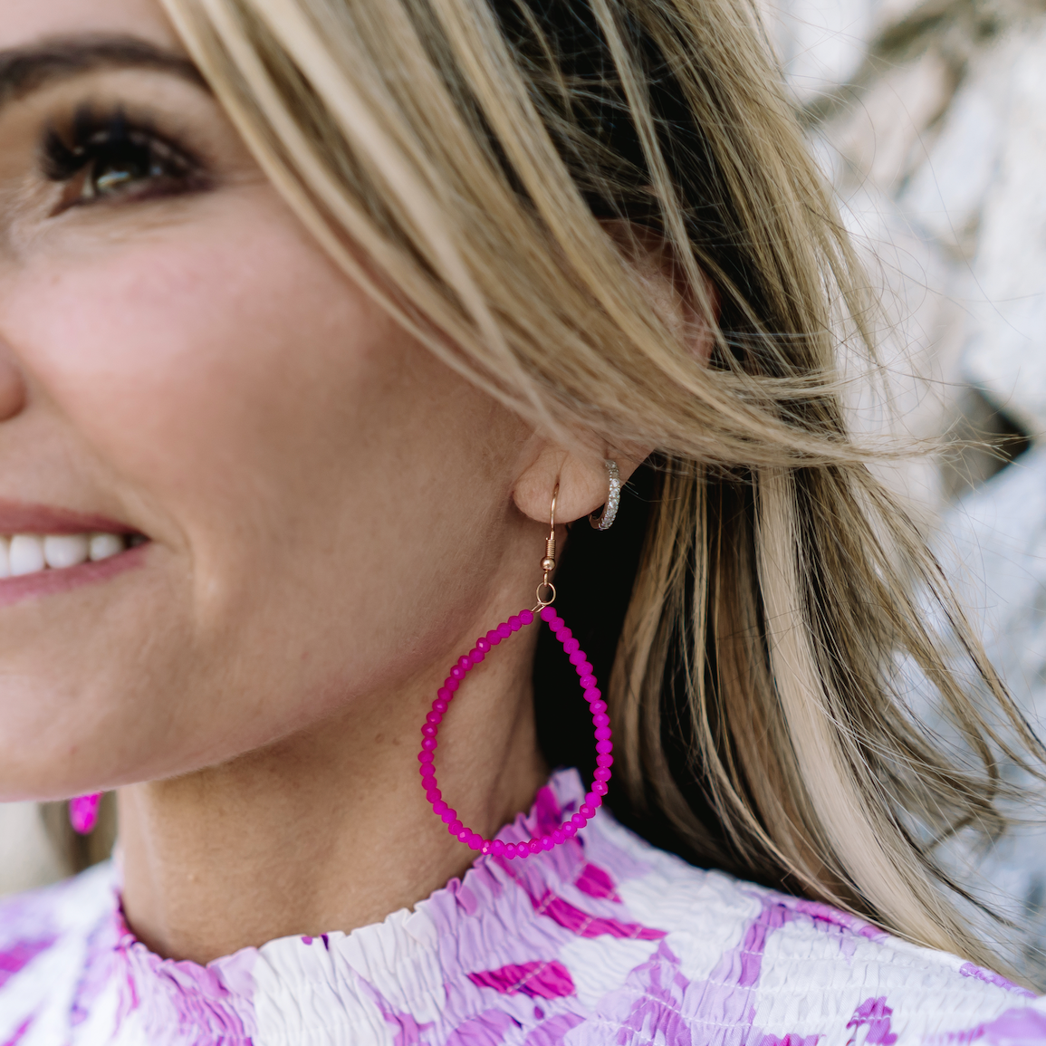 teardrop earrings, beaded teardrop earrings, beaded earrings, lightweight earrings, spring earrings, summer earrings, simple earrings, statement piece earrings, essential earrings, teardrop beaded earrings, pink earrings, fuchsia earrings, magenta earrings