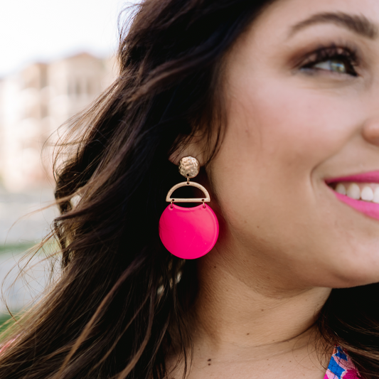 circle pendant earrings, stud dangle earrings, pink pendant earrings, gold earrings, pink and gold earrings, semi circle earrings, abstract earrings