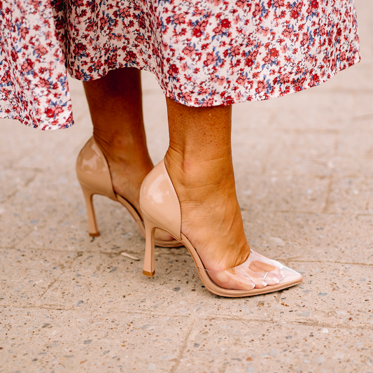 Clear Stiletto Heels, Tan Clear Stiletto Heels, Clear Stiletto Heels McKinney Texas, Clear Stiletto Heels Karadise Boutique, Clear Stiletto Heels Karadise, Formal Event Heels, Everyday Heels, Work Heels, Chic Heels