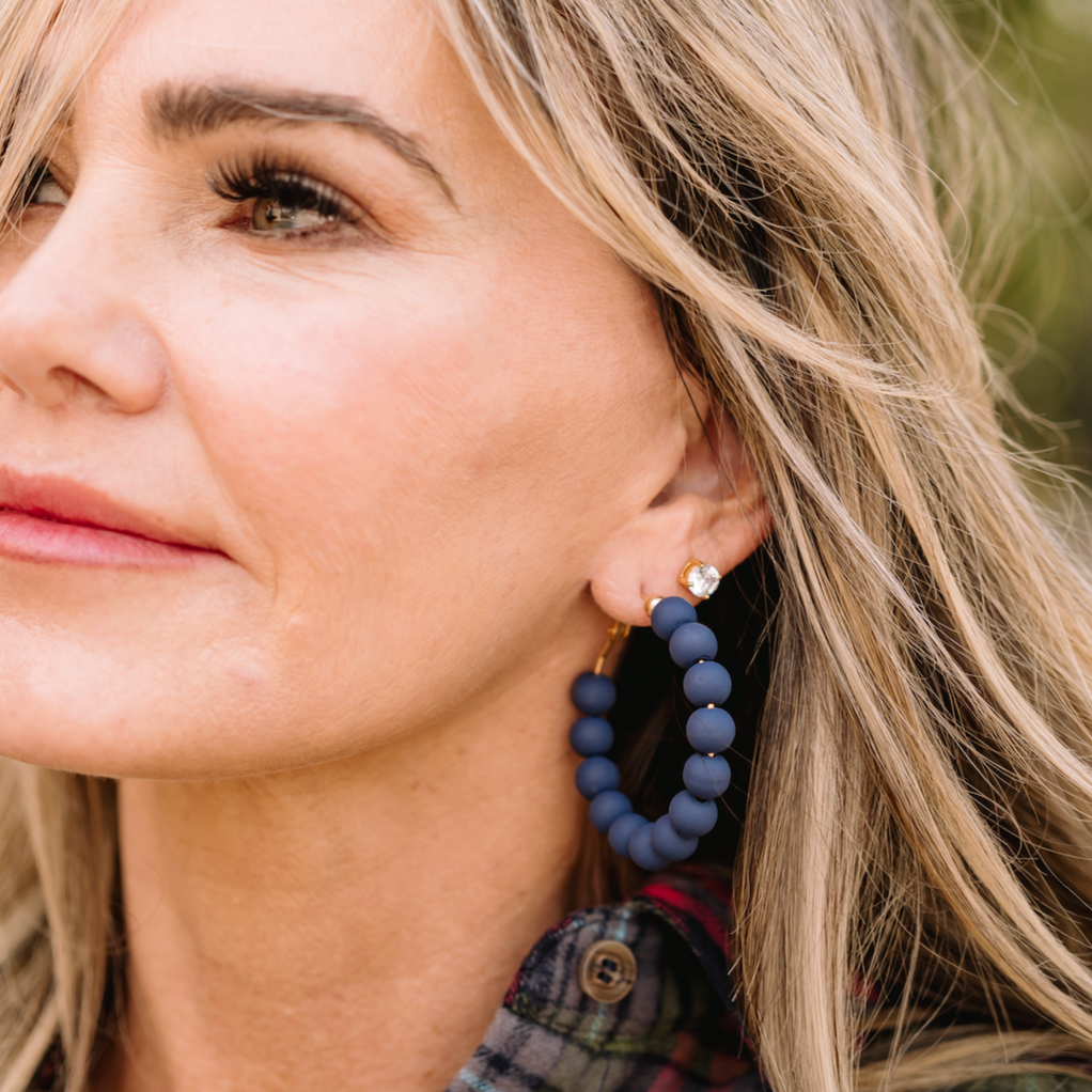 beaded earrings, beaded hoop earrings, fun hoop earrings, unique hoop earrings, clay hoop earrings, clay hoop earrings, navy hoop earrings