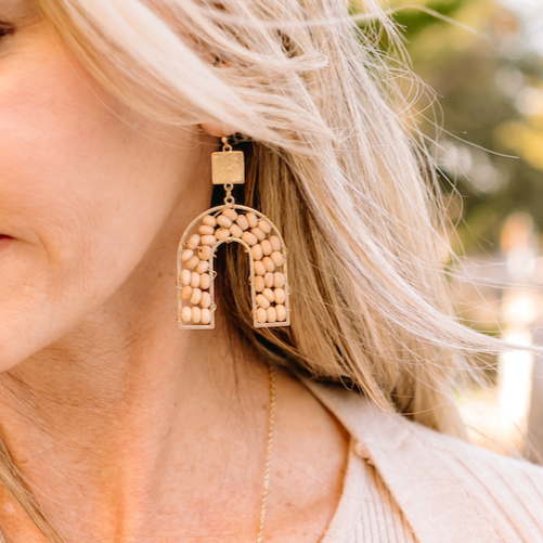 wooden arch earrings, wood earrings, wood bead earrings, wooden bead earrings, arch earrings, wood detail arch earrings, arch earrings, metal detail arch earrings, metal detail earrings, fall earrings, spring earrings, summer earrings, staple piece, statement piece earrings