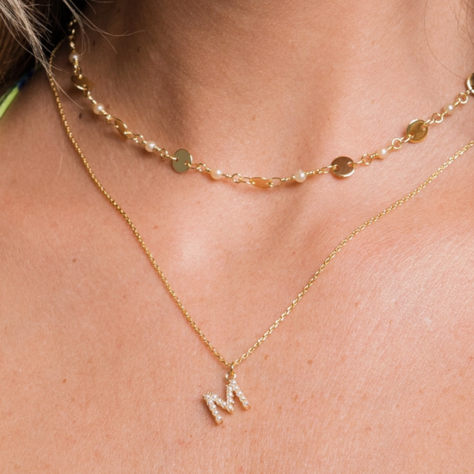 gold necklace, gold initial necklace, initial necklace, gold layering necklace, layering necklace, pearl layering necklace, gold jewelry, gold pearl necklace, letter necklace, gold letter necklace 