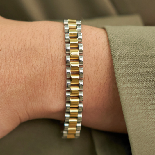 two tone watch band, mixed metals, metal watch band, watch band bracelet, two tone bracelet, mixed metal watchband, silver bracelet, two tone bracelet, gold bracelet, hypoallergenic bracelet, nickel free bracelet, brenda grands, brenda grands watch band 