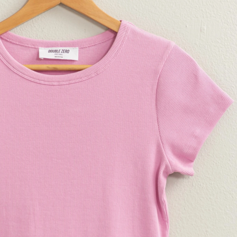 crew neck tee, baby tee, tee shirt, cropped tee, cropped baby tee, solid color tee, layering top, layering tee, crop top, staple piece, staple top, closet must have, crew neckline, basic top, basic crop top, light pink crop top, baby pink crop top