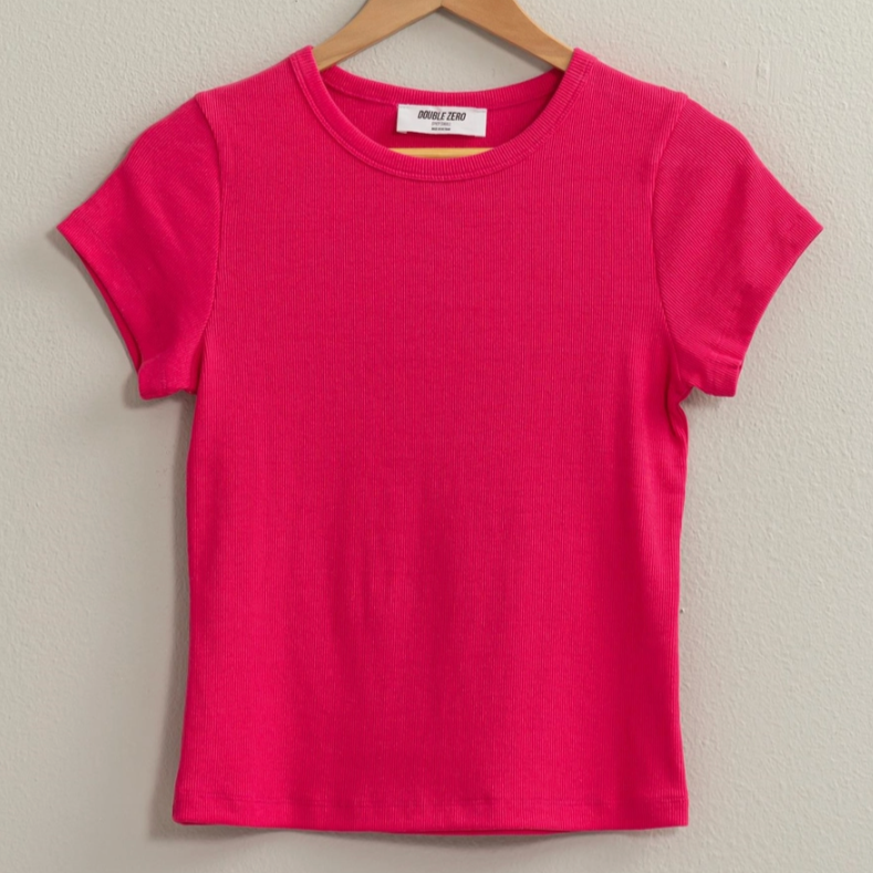crew neck tee, baby tee, tee shirt, cropped tee, cropped baby tee, solid color tee, layering top, layering tee, crop top, staple piece, staple top, closet must have, crew neckline, basic top, basic crop top, hot pink crop top, pink crop top