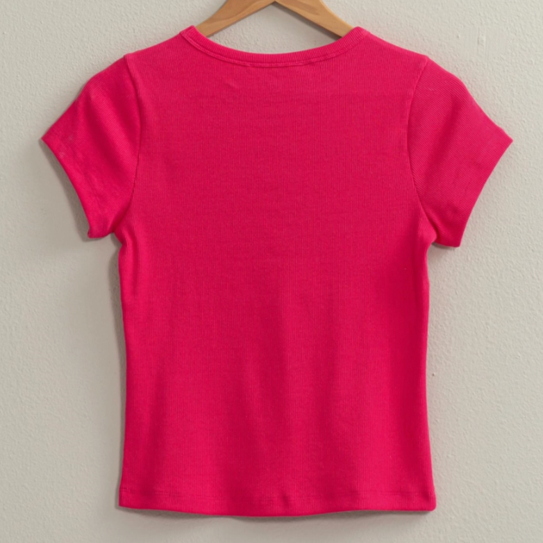crew neck tee, baby tee, tee shirt, cropped tee, cropped baby tee, solid color tee, layering top, layering tee, crop top, staple piece, staple top, closet must have, crew neckline, basic top, basic crop top, hot pink crop top, pink crop top