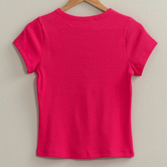 crew neck tee, baby tee, tee shirt, cropped tee, cropped baby tee, solid color tee, layering top, layering tee, crop top, staple piece, staple top, closet must have, crew neckline, basic top, basic crop top, hot pink crop top, pink crop top