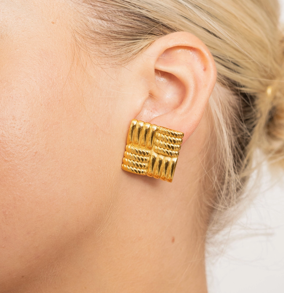 brenda grands, brenda grands jewelry, square earrings, oversized square earrings, textured earrings, textured square earrings, stud earrings, gold stud earrings, gold square earrings, gold textured earrings, small gift, hypoallergenic earrings, nickel free earrings, water proof earrings, water resistant earrings, christmas gift, stocking stuffer, gift for teens, gift for young adults, gift for tweens, gift idea, gift jewelry, jewelry gift idea