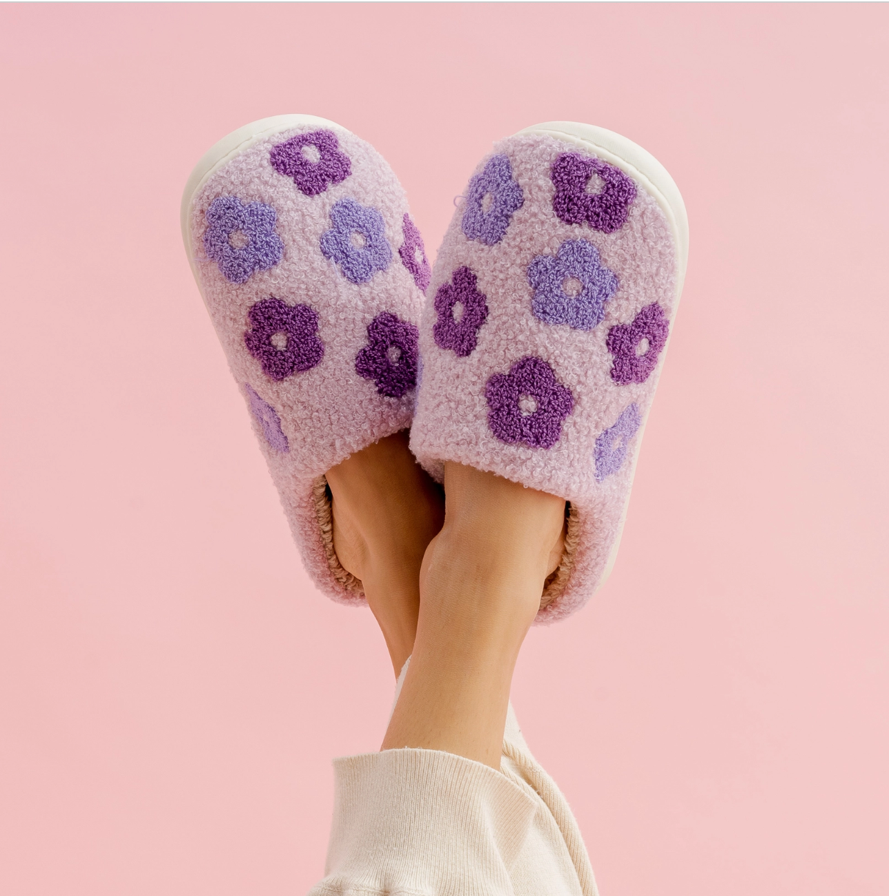 Flower Slippers,  Floral Slippers McKinney Texas, Floral Slippers Karadise, Floral Slippers Karadise Boutique, Purple Floral Slippers, Fuzzy Slippers, Cozy Slippers