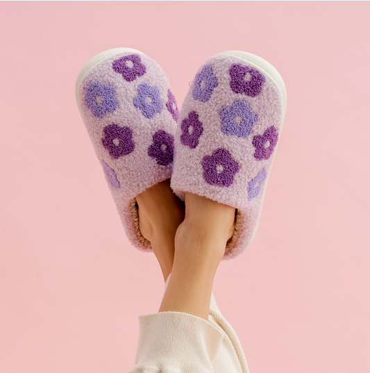 Flower Slippers,  Floral Slippers McKinney Texas, Floral Slippers Karadise, Floral Slippers Karadise Boutique, Purple Floral Slippers, Fuzzy Slippers, Cozy Slippers