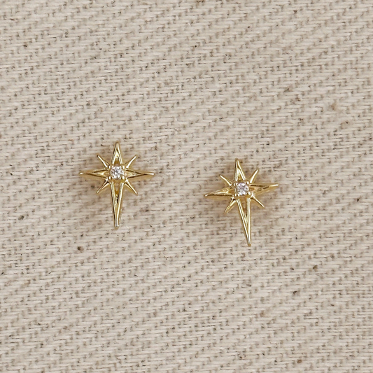 Gold star-shaped stud earrings with a central clear gemstone, gold starburst earrings featuring a sparkling center stone,Minimalist gold North Star studs with a clear crystal center, stud earrings, 18k gold earrings, water resistant earrings, karadise boutique star earrings, McKinneu Texas Star Earrings