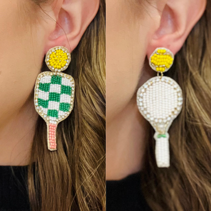 sports earrings, tennis racket earrings, pickleball paddle earrings, rhinestone earrings, seed bead earrings, sporty chic jewelry, game day earrings, sports fan accessories, athlete gift ideas, tennis jewelry, pickleball jewelry, lightweight statement earrings, fun sports earrings, multicolor earrings, court style accessories, sporty glam earrings, felt back earrings, trendy sports fashion, unique gift for athletes, sparkle earrings