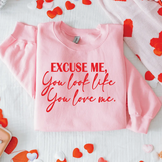 valentines sweatshirt, love quote sweatshirt, pink valentine sweatshirt, graphic valentine top, cute love sweatshirt, romantic graphic sweatshirt, excuse me you look like you love me sweatshirt, flirty valentine outfit, cozy valentines top, galentines sweatshirt, pink graphic sweatshirt, trendy boutique sweatshirt, womens valentine fashion, casual valentine outfit, statement graphic sweatshirt, soft cozy pullover, boutique valentines sweatshirt, giftable valentine top, valentines day outfit idea, McKinney