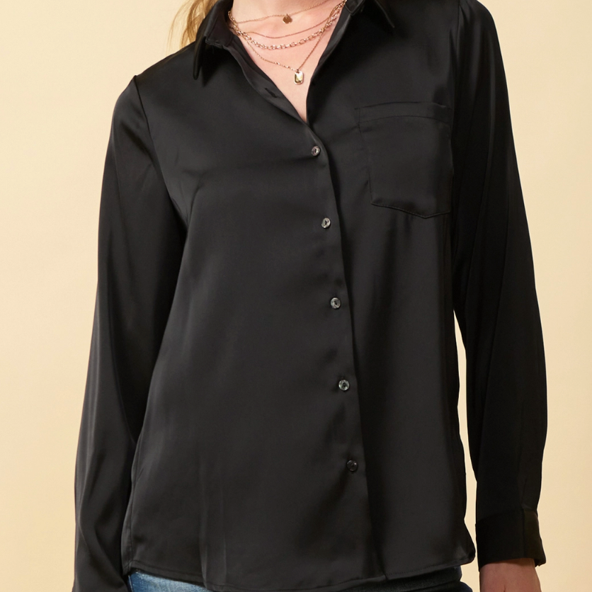 Finding New Love Satin Button Down Pocket Shirt