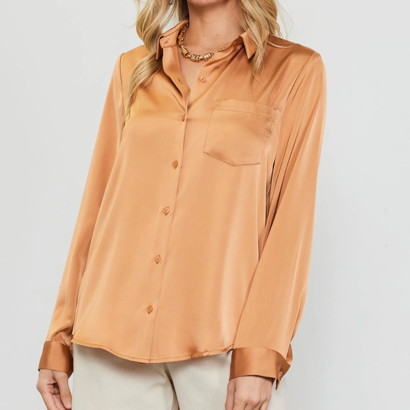 Finding New Love Satin Button Down Pocket Shirt