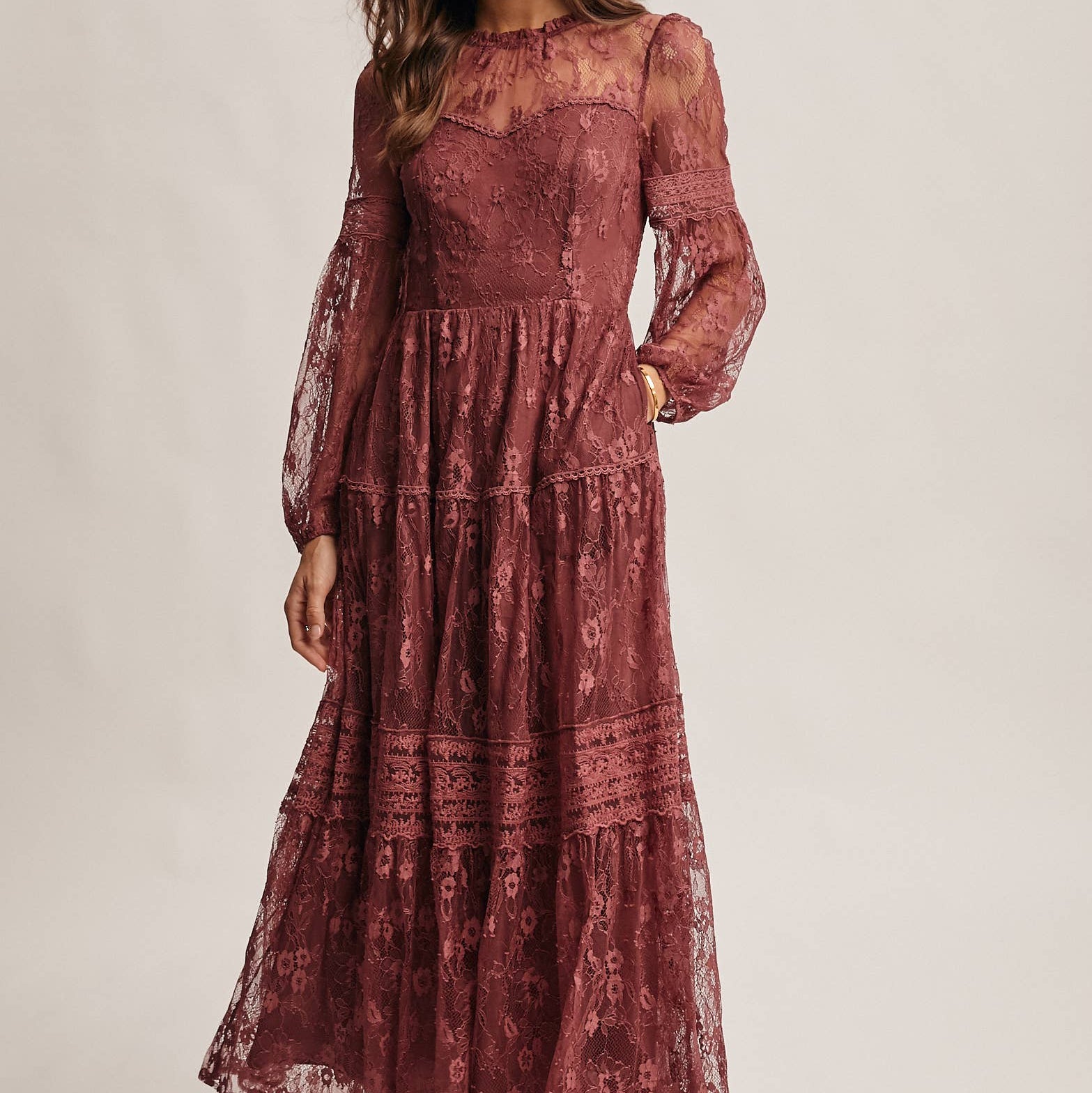 Midnight Merlot Tiered Lace Maxi Dress