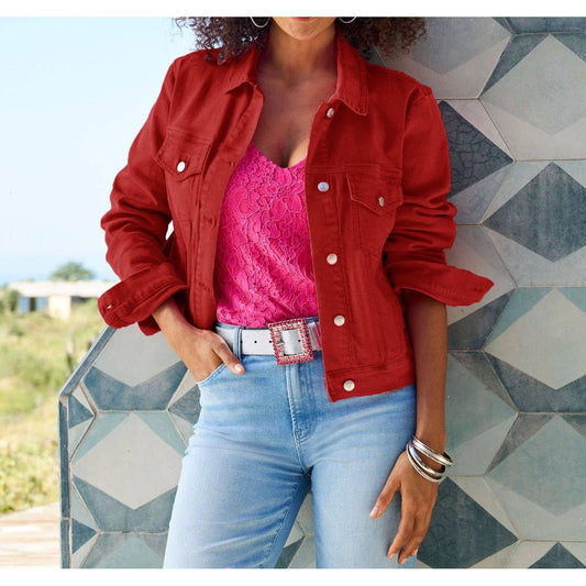 red denim jacket, cropped denim jacket, slim fit denim jacket, red cropped jacket, women's red jean jacket, collared denim jacket, casual red jacket, women's fall denim jacket, street style denim jacket, trendy red jacket, red button up jacket, silver button denim jacket, red casual coat, women's casual red coat, fitted red jacket, fashion denim jacket, stylish red denim, colorful denim jacket, statement denim jacket, bold red cropped jacket, modern denim jacket, women's outerwear, women's casual jacket, re