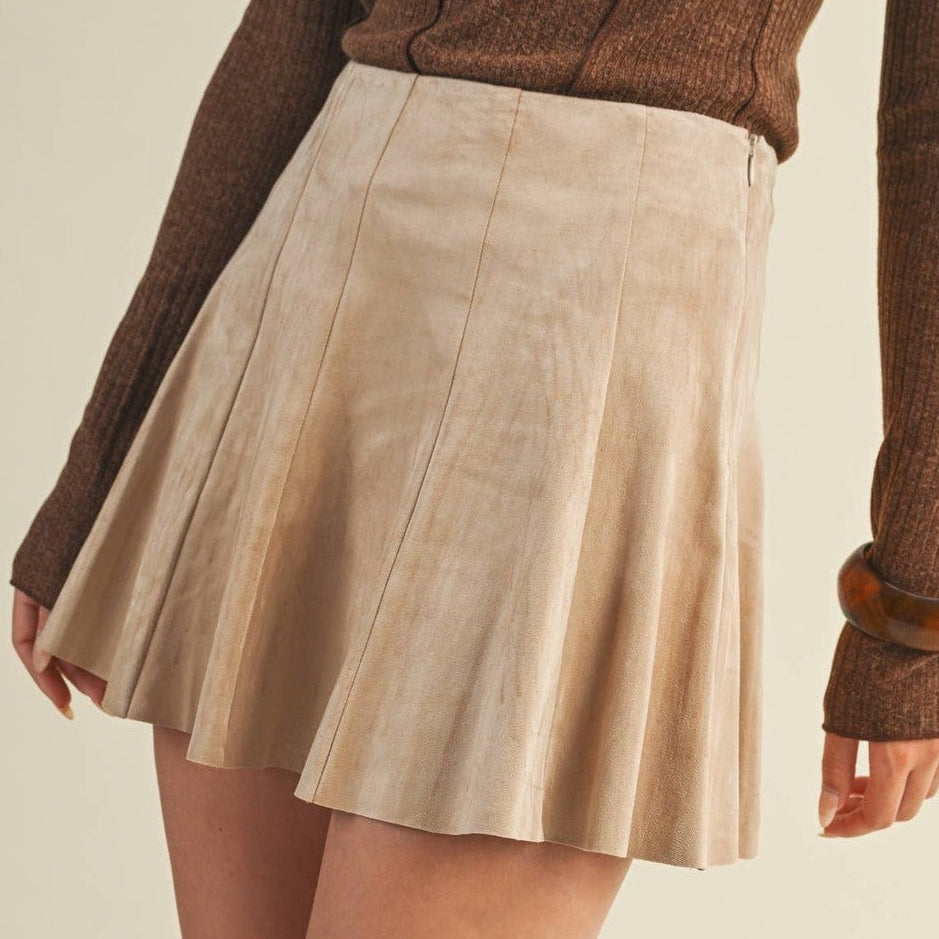 The Elowen Faux Suede High-Waist Paneled Flare Mini Skirt