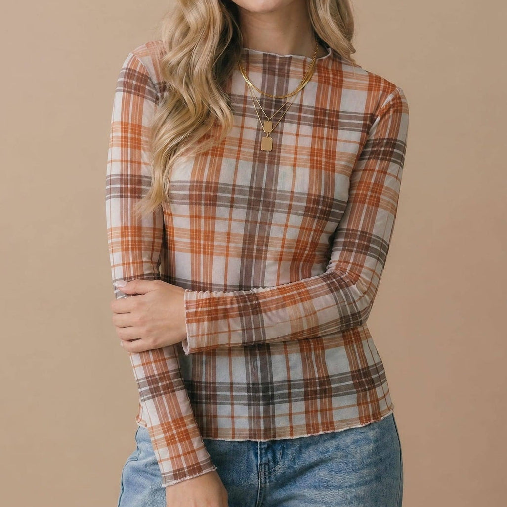The Orchard Plaid Mesh Semi-Sheer Top