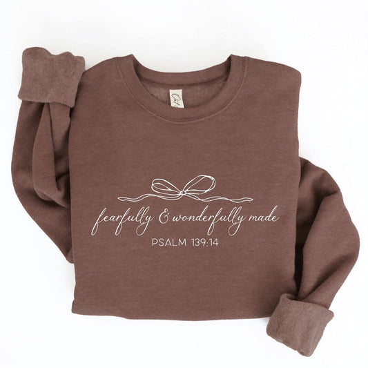 fearfully and wonderfully made sweatshirt, psalm 139 14 crewneck, christian graphic sweatshirt, faith based gift, christian apparel, bible verse sweatshirt, religious gift for women, cozy faith crewneck, unisex christian sweatshirt, christian boutique clothing, inspirational gift idea, thoughtful christian gift, scripture sweatshirt, chocolate brown sweatshirt, fleece crewneck, christian loungewear, bible study outfit, meaningful gift idea, jesus inspired clothing, christian friend gift