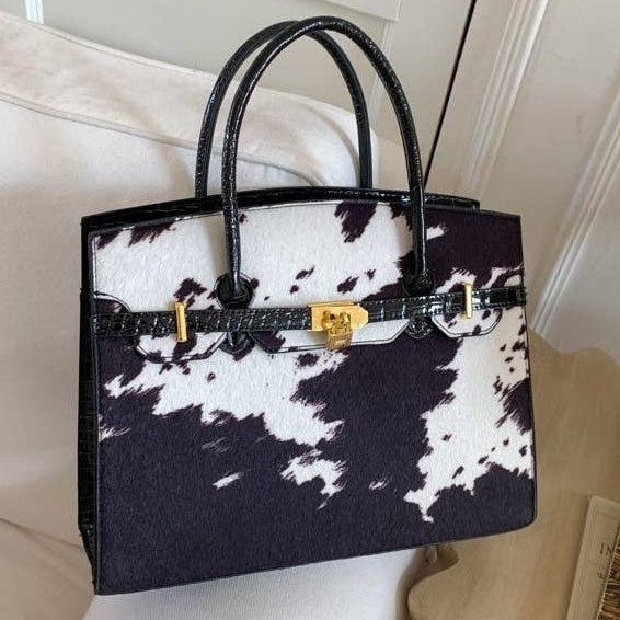 Ranch Rose Western Cow Print Handbag Tote Bag