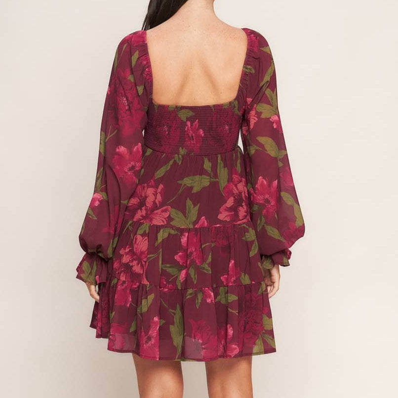 Verena Burgundy Floral Smocked Mini Dress - FINAL SALE Burgundy / S Verena Burgundy Floral Smocked Mini Dress - FINAL SALE Burgundy / S