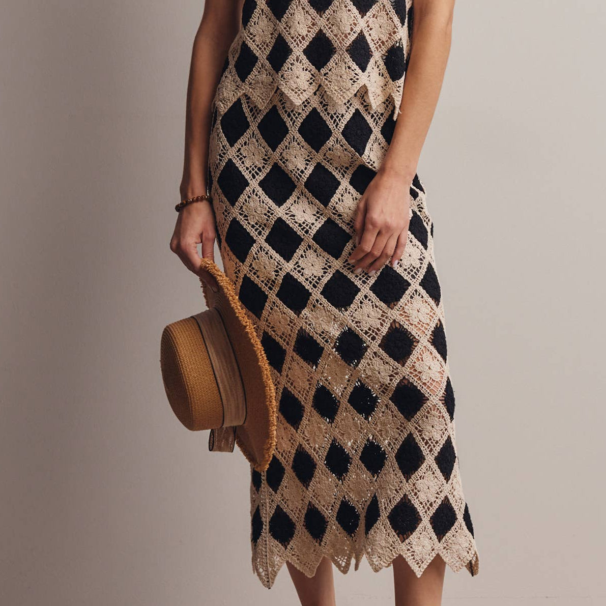 Monaco Mosaic Diamond Floral Crochet Midi Skirt