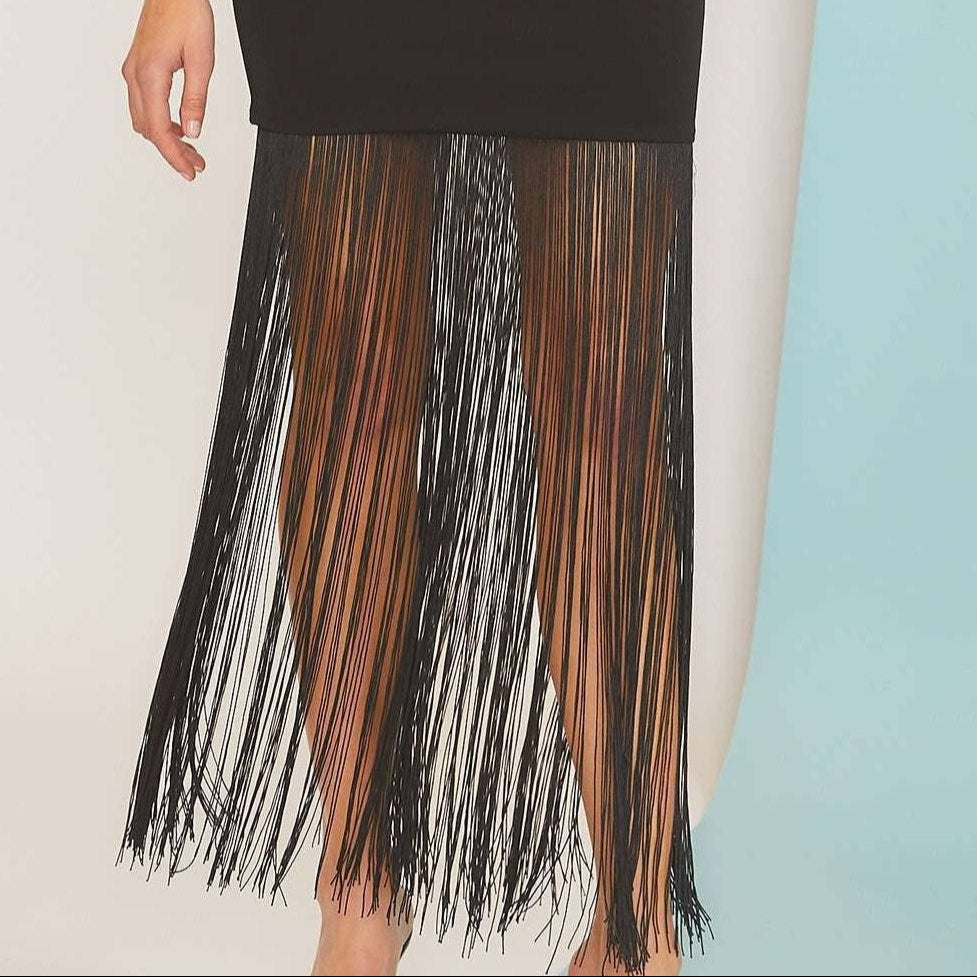 fringe bodycon dress, fringe hem dress, black fringe dress, fitted fringe dress, bodycon mini fringe dress, adjustable strap dress, western fringe dress, concert outfit dress, game day fringe dress, going out fringe dress, black party dress, fringe mini to maxi dress, bold statement dress, night out fringe dress, formal fringe dress, solid black fringe dress, dance dress with fringe, festival fringe dress, fringe club dress, body-hugging fringe dress, unlined black dress, stretchy fringe dress, cowboy boots