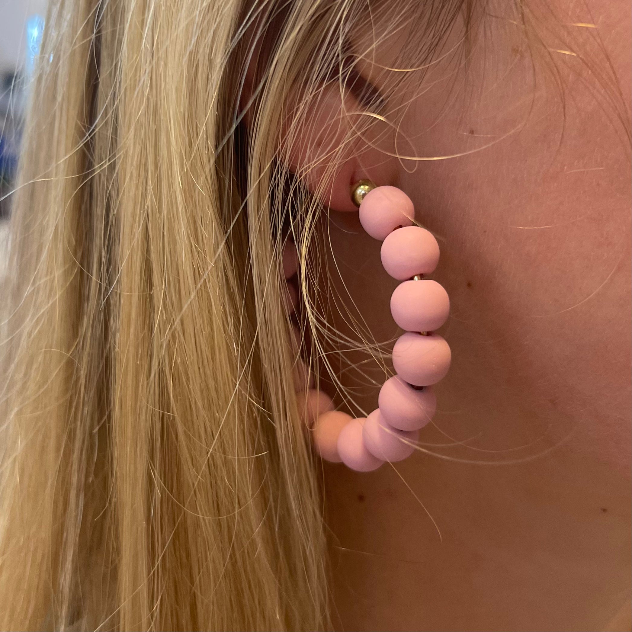 beaded earrings, beaded hoop earrings, fun hoop earrings, unique hoop earrings, clay hoop earrings, clay hoop earrings, pink hoop earrings