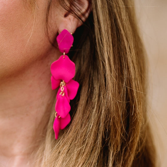 petal earrings, flower petal earrings, dangle earrings, flower dangle earrings, red earrings, pink earrings, blue earrings, colorful earrings, long dangle earrings, statement earrings, prom earrings, homecoming earrings, formal earrings, petal detail earrings, fun spring earrings, fun earrings, yellow earrings, orange earrings 